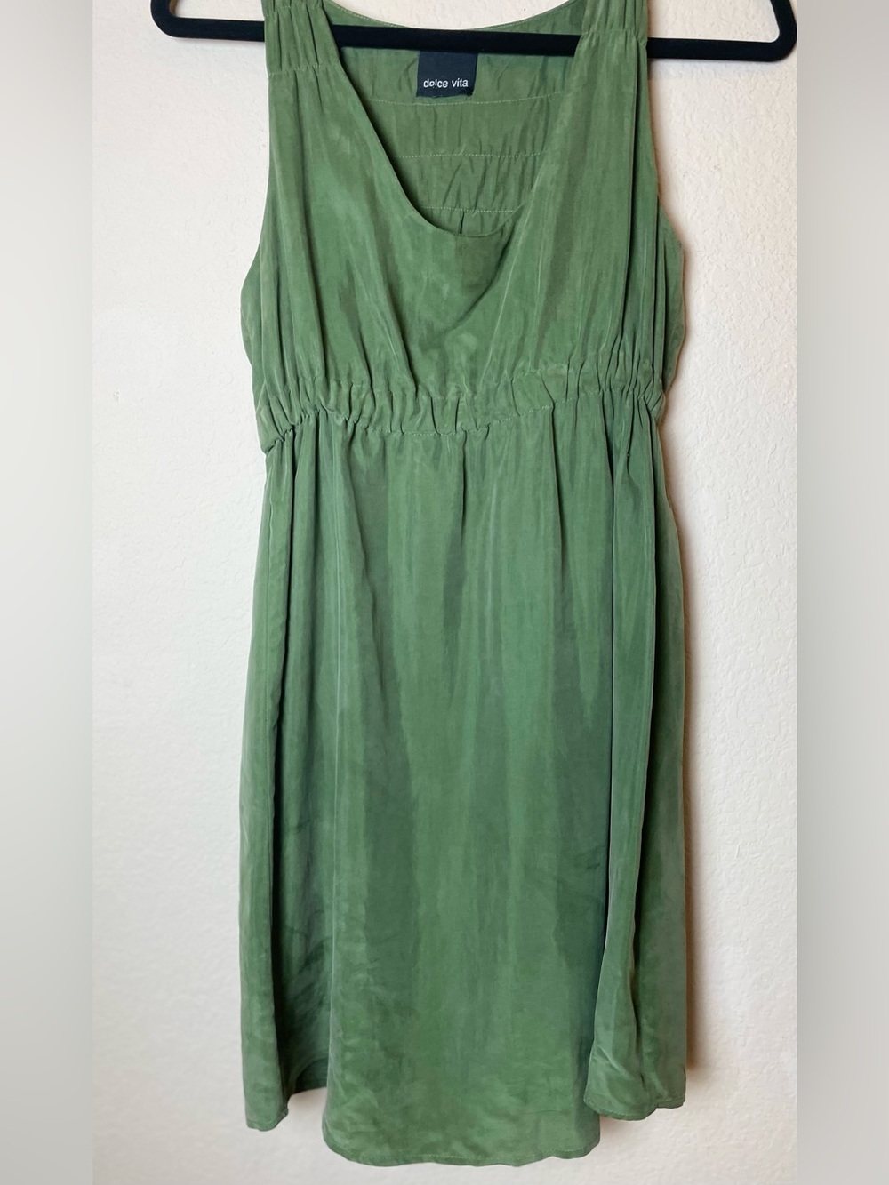 Dolce Vita 100% Silk Olive Green Sleeveless Gathered-Waist Mini Dress | Size XS